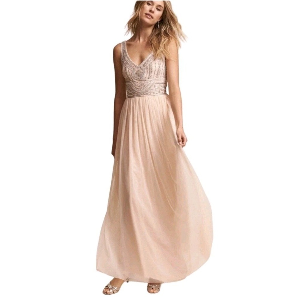 Anthropologie BHLDN Sterling Dress 12 Formal Beige Oyster Beaded Rhinestone Boho